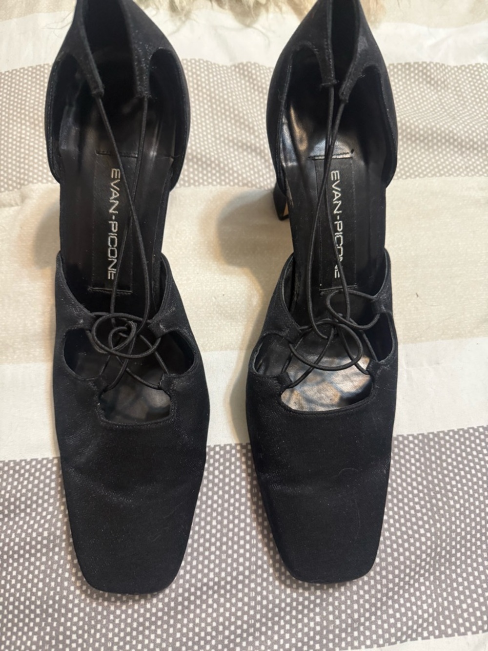Vintage Evan Picone Black Satin Lace-Up Square-Toe Heels